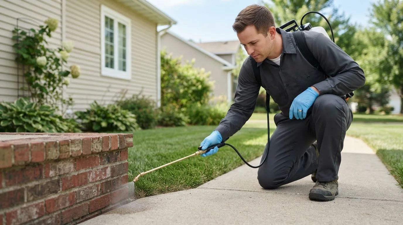 Pest control technician treating a home near Denver, PA